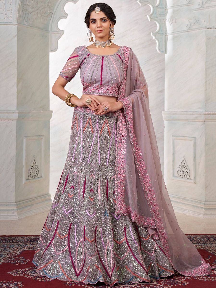 Elegant grey and pink embroidered lehenga choli with sheer dupatta, perfect for Indian weddings and festive occasions.