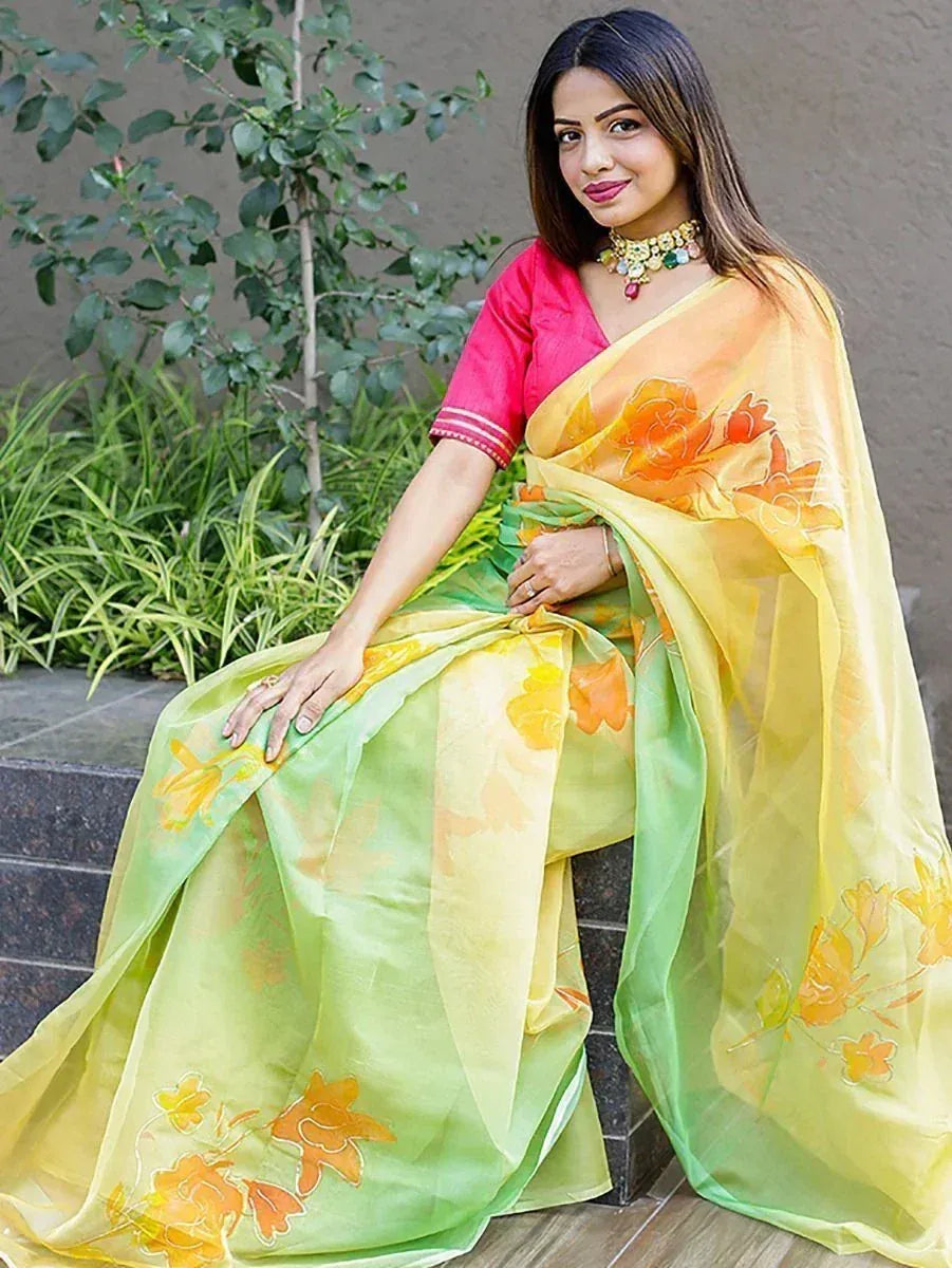 Dazzling Limegreen Floral Printed Organza Party Wear Saree With Blouse