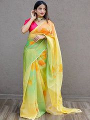 Dazzling Limegreen Floral Printed Organza Party Wear Saree With Blouse