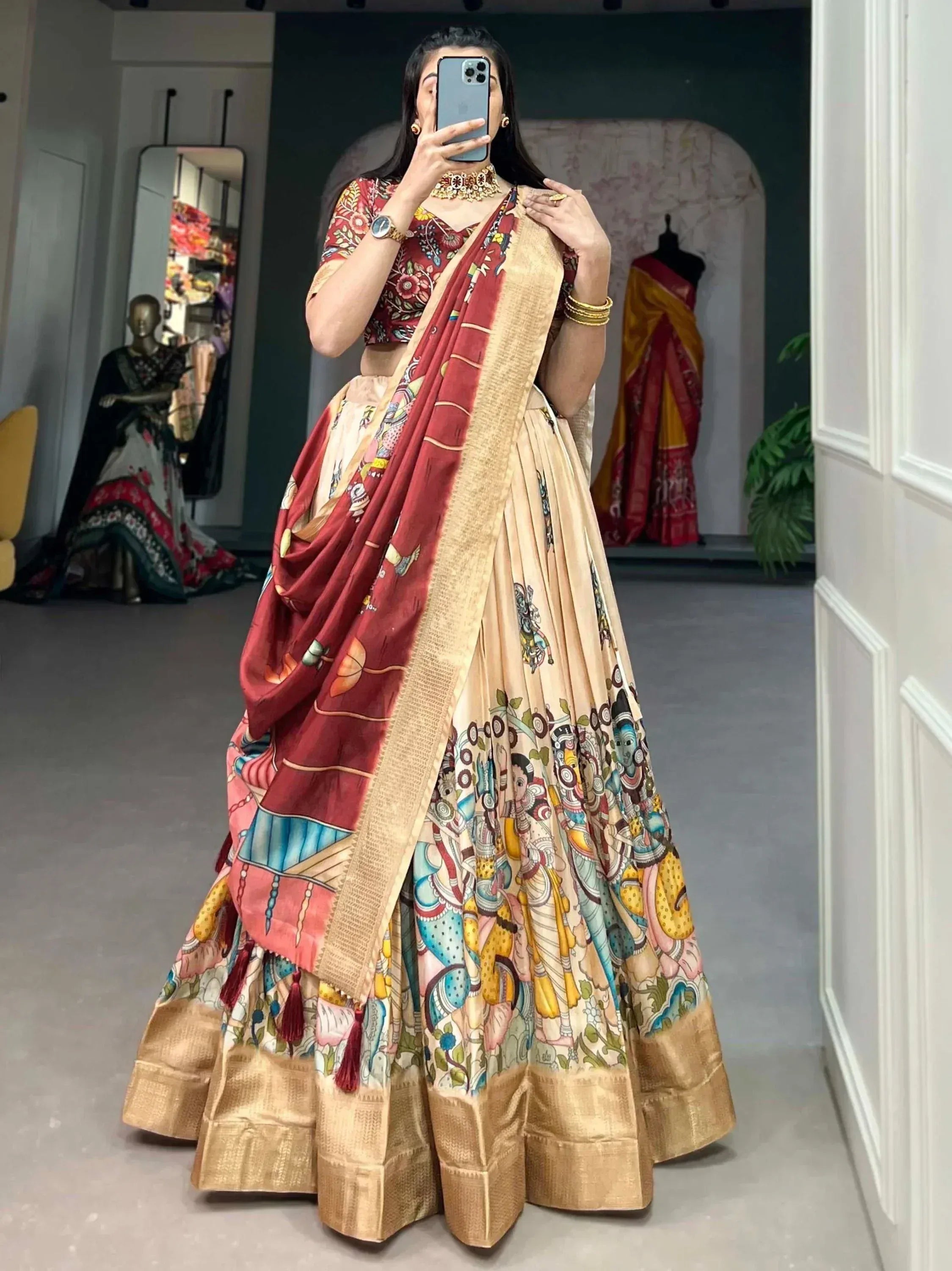 Woman in printed lehenga choli with ethnic motifs, perfect for Indian festive occasions