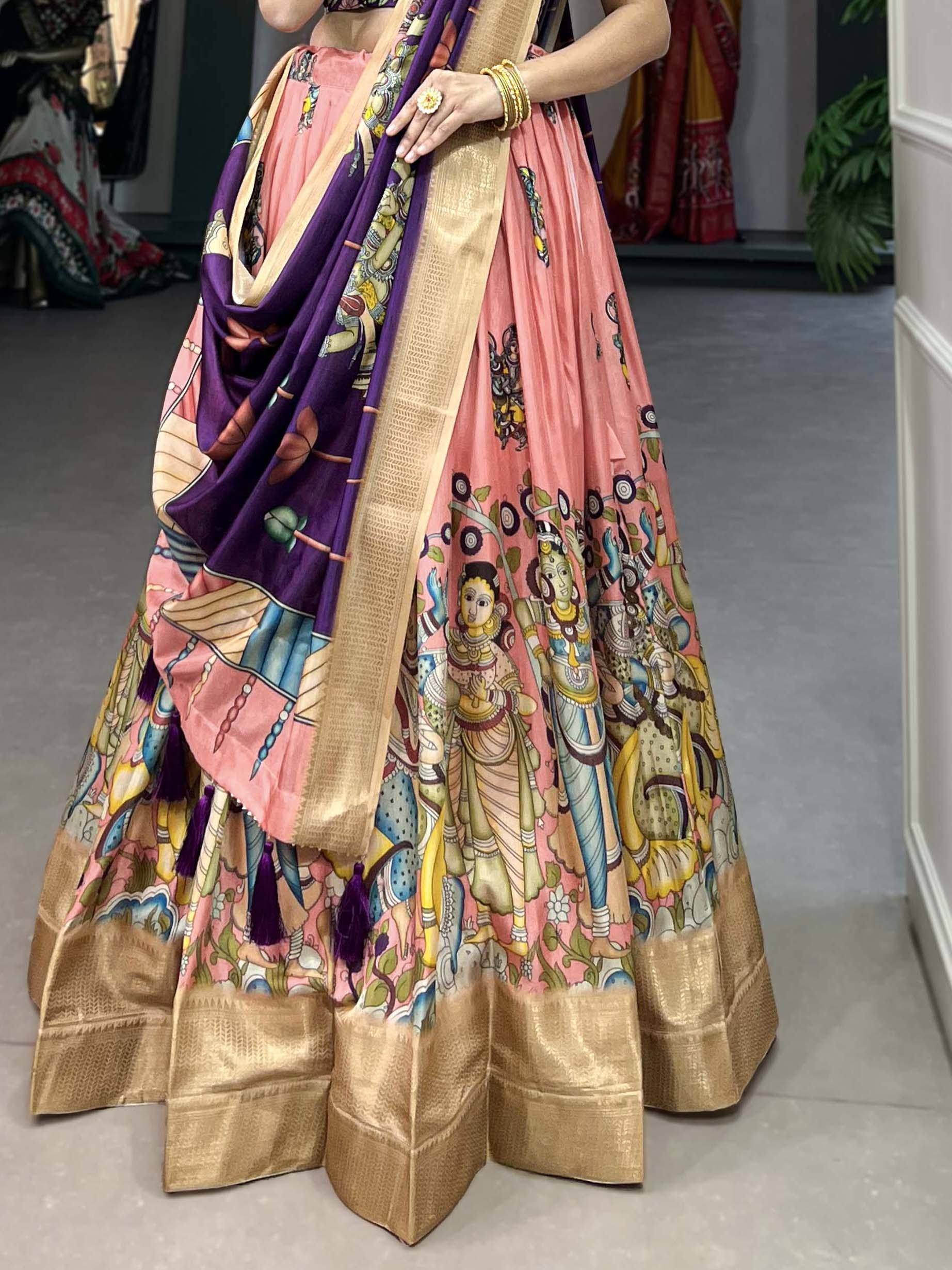 Pink and purple printed lehenga choli with gold border and temple art design, ethnic Indian wear