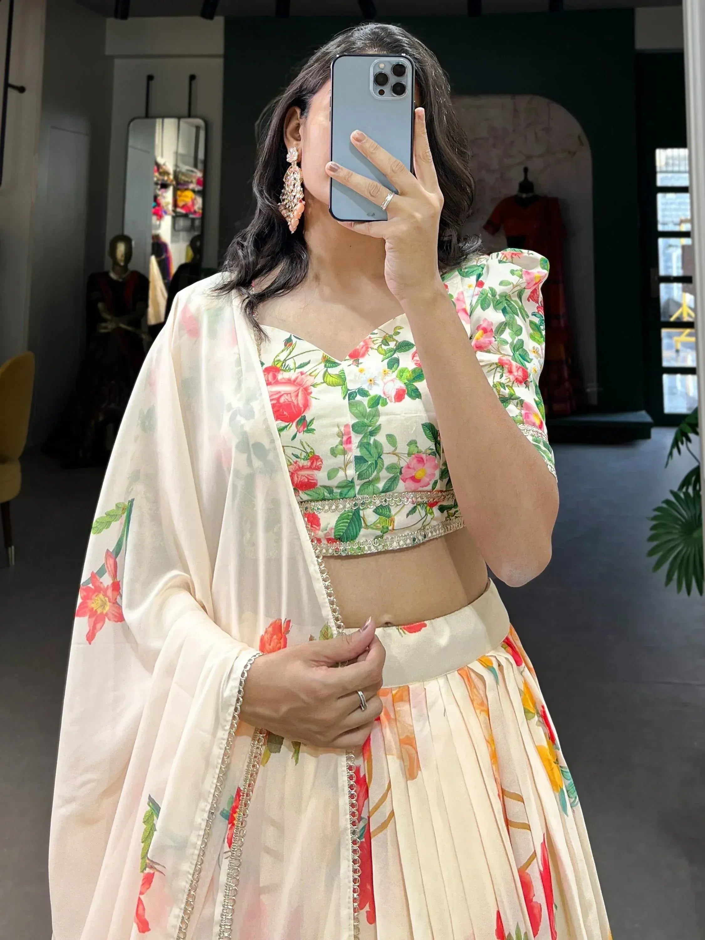 Floral print lehenga choli with puff sleeves and dupatta, Indian ethnic wear for women
