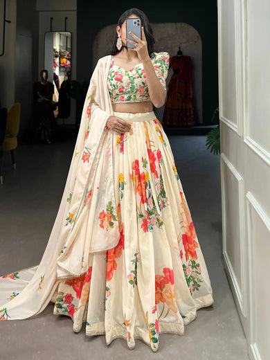 Stunning Cream Floral Printed Georgette Sangeet Wear Lehenga Choli