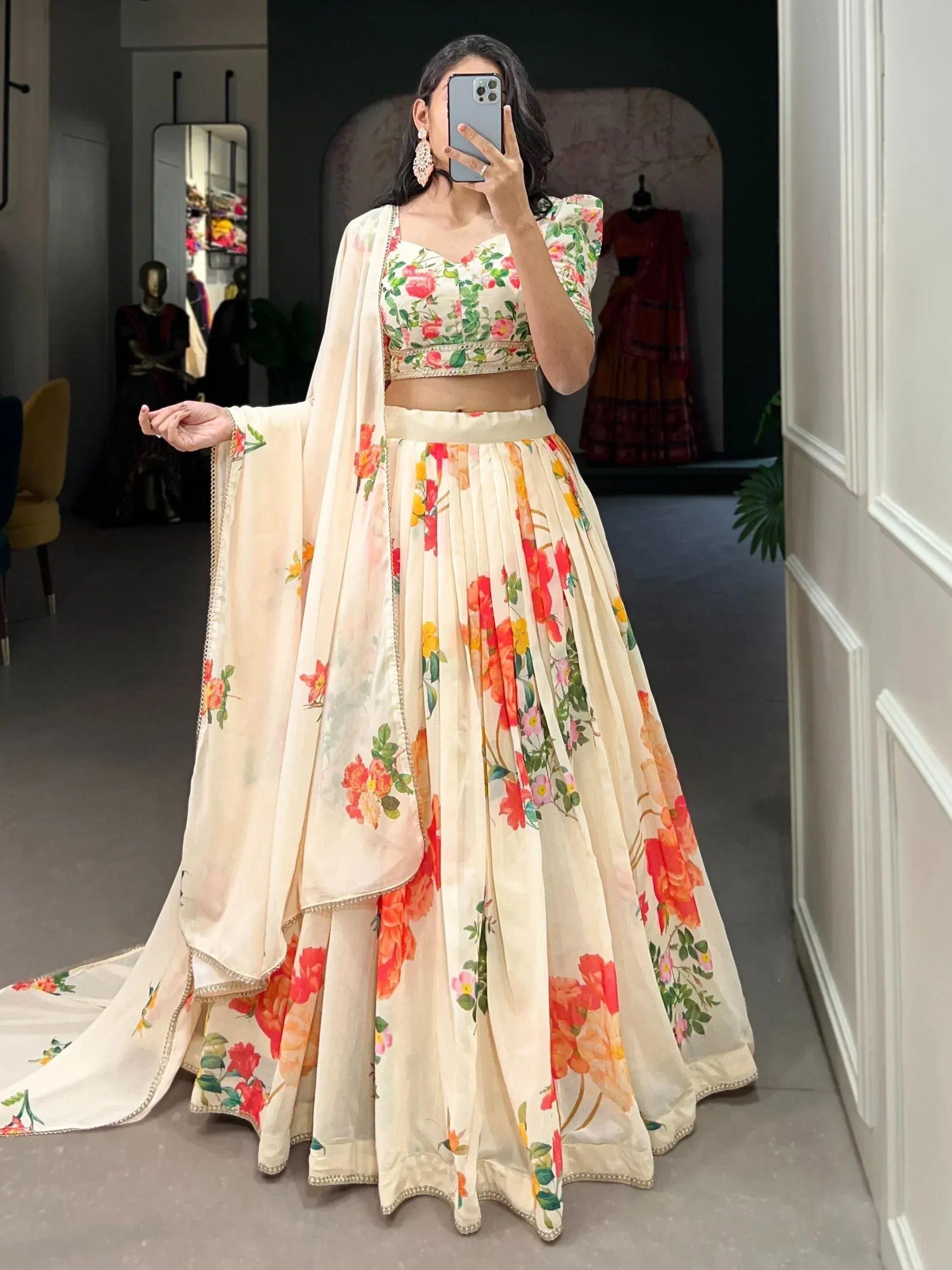 Floral print lehenga choli with puff sleeves and dupatta, Indian ethnic wear for women