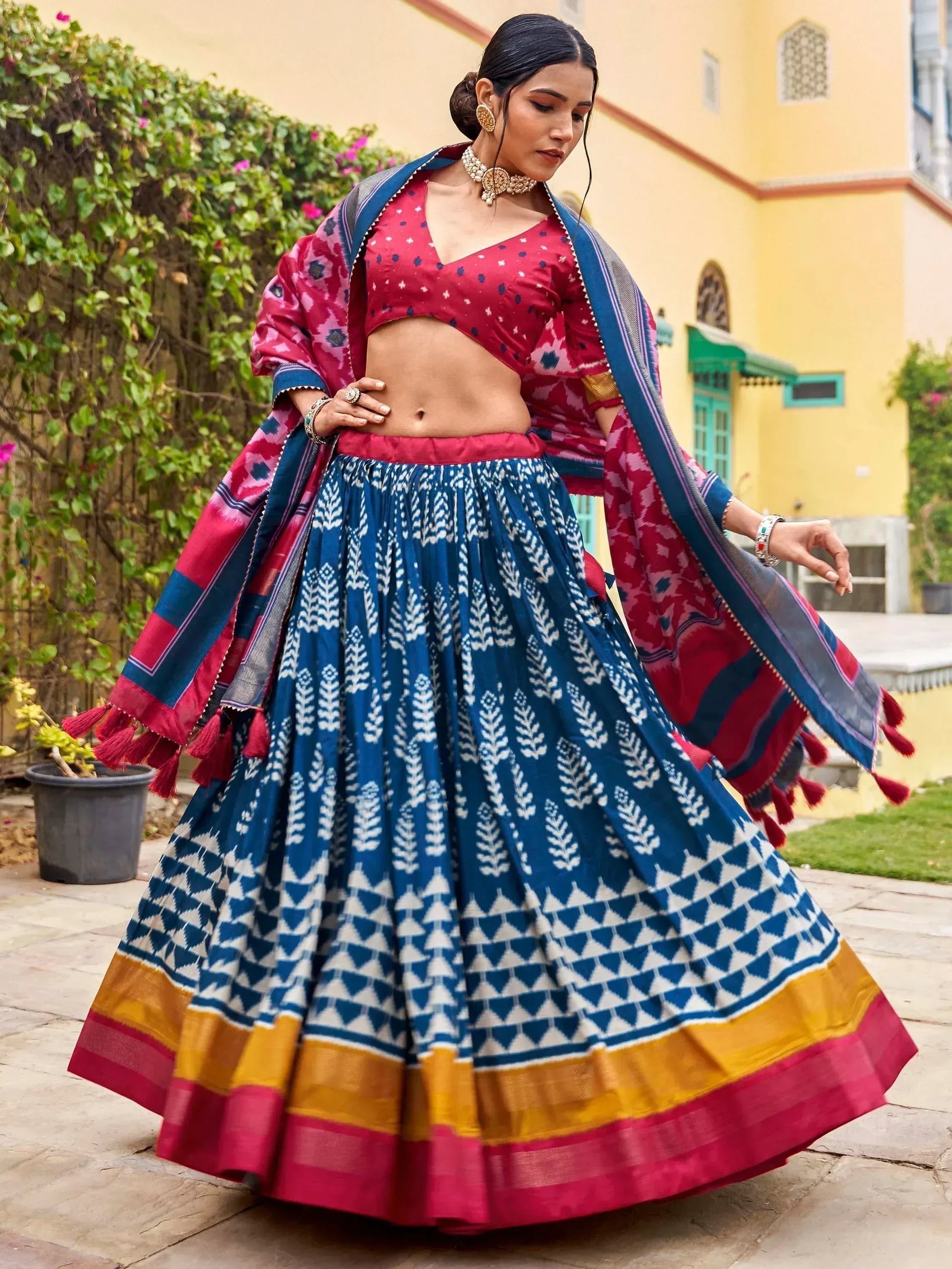Blue and red printed lehenga choli with dupatta, Indian ethnic wear for women