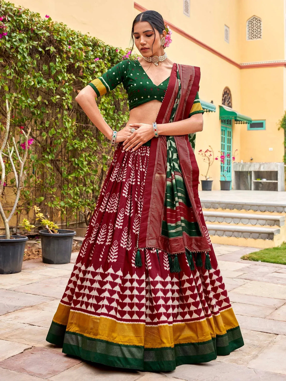 Maroon and green printed lehenga choli with ikat dupatta, ethnic Indian wear for women