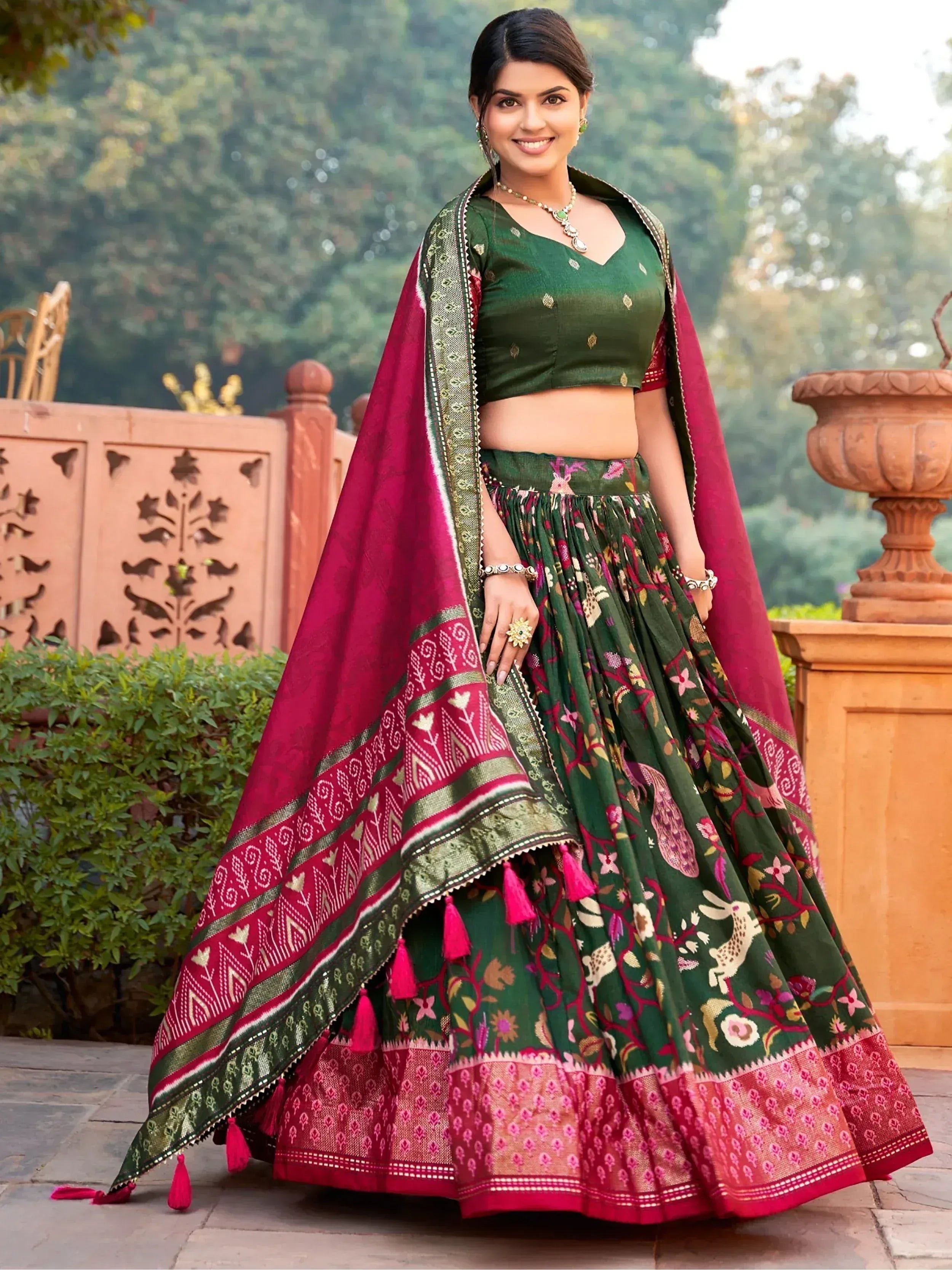 Green floral print lehenga choli with maroon dupatta, Indian ethnic wear for women