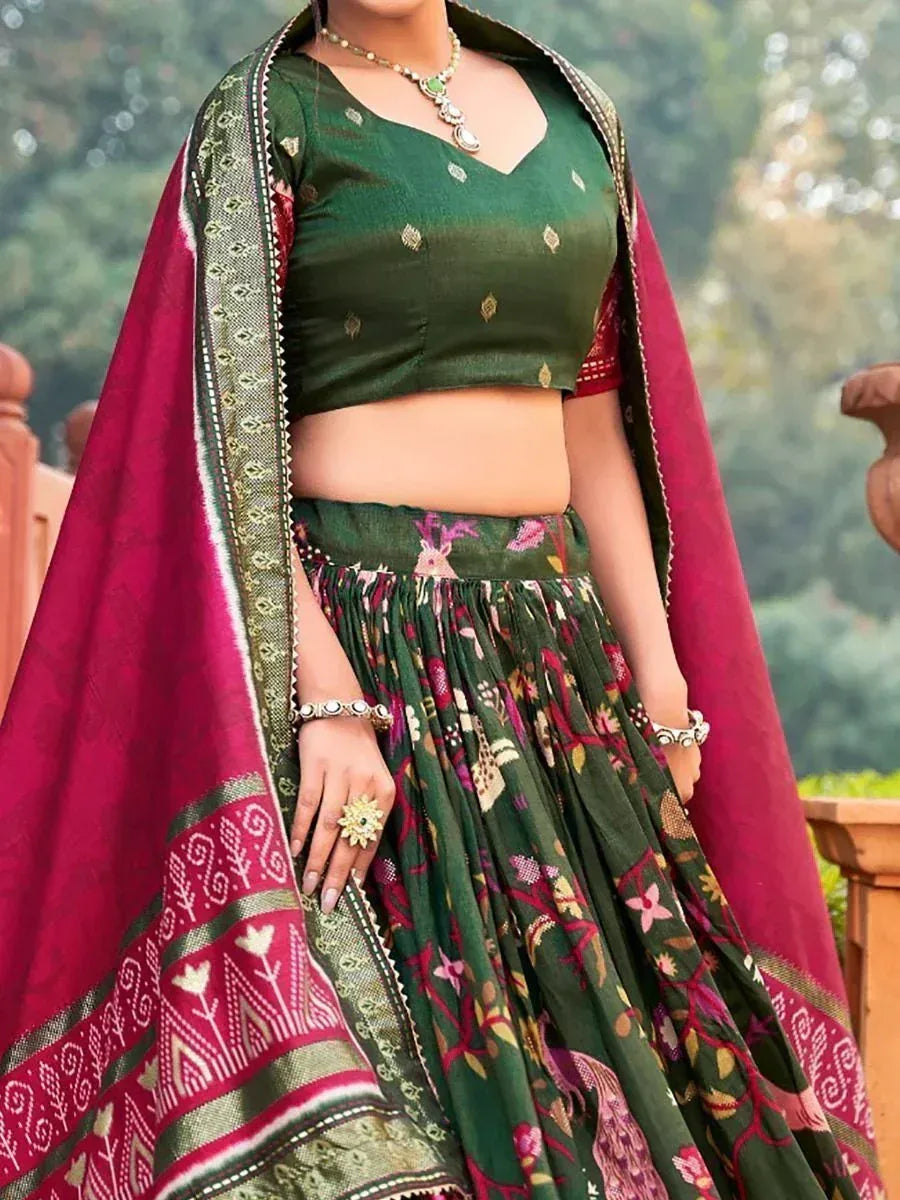 Green floral lehenga choli with maroon dupatta, ethnic Indian wear for women