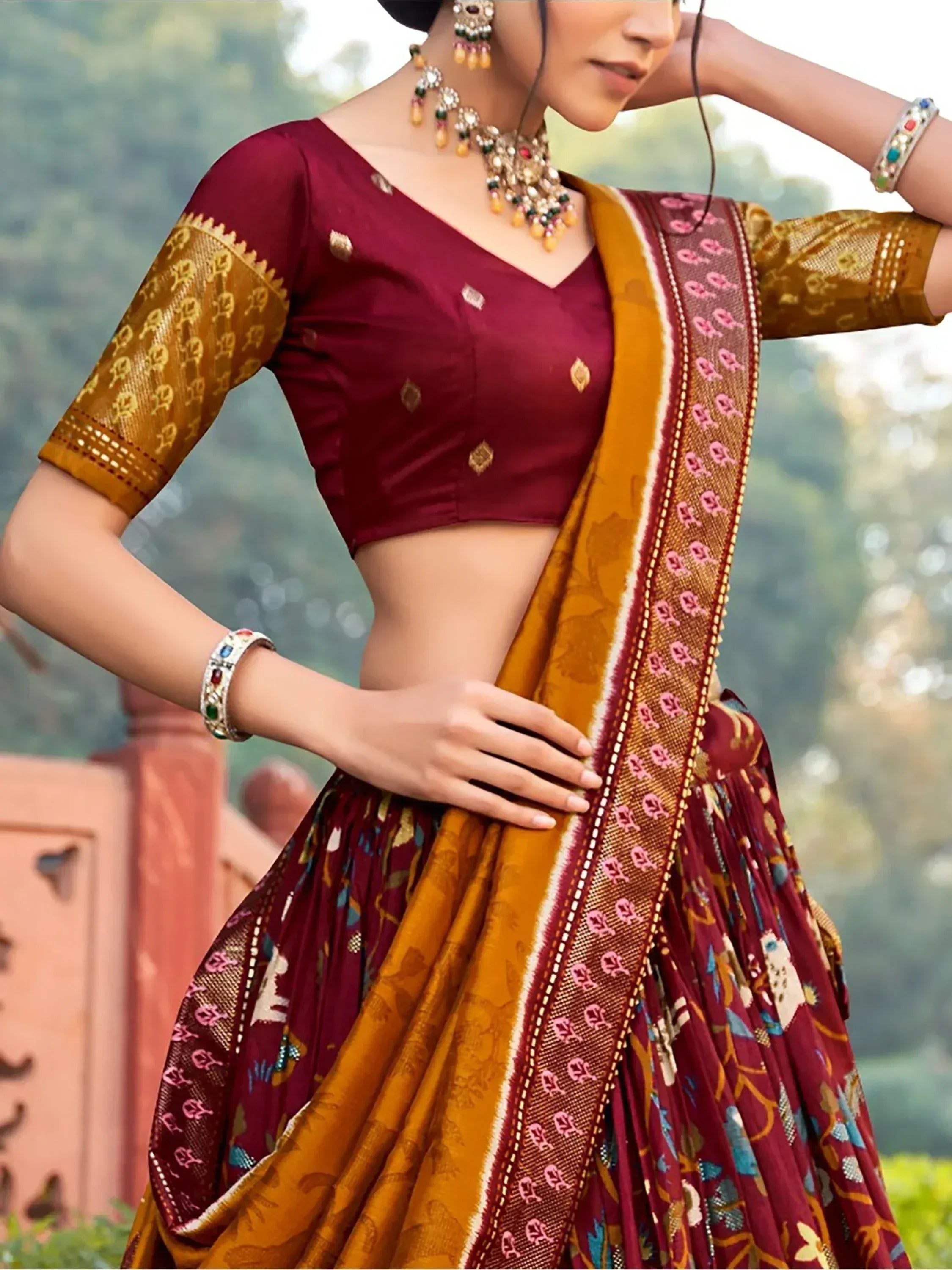Maroon and mustard designer lehenga choli with embroidered blouse and dupatta, perfect for Indian ethnic wear occasions