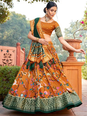 Magnetic Mustard Yellow Printed Silk Lehenga Choli With Dupatta