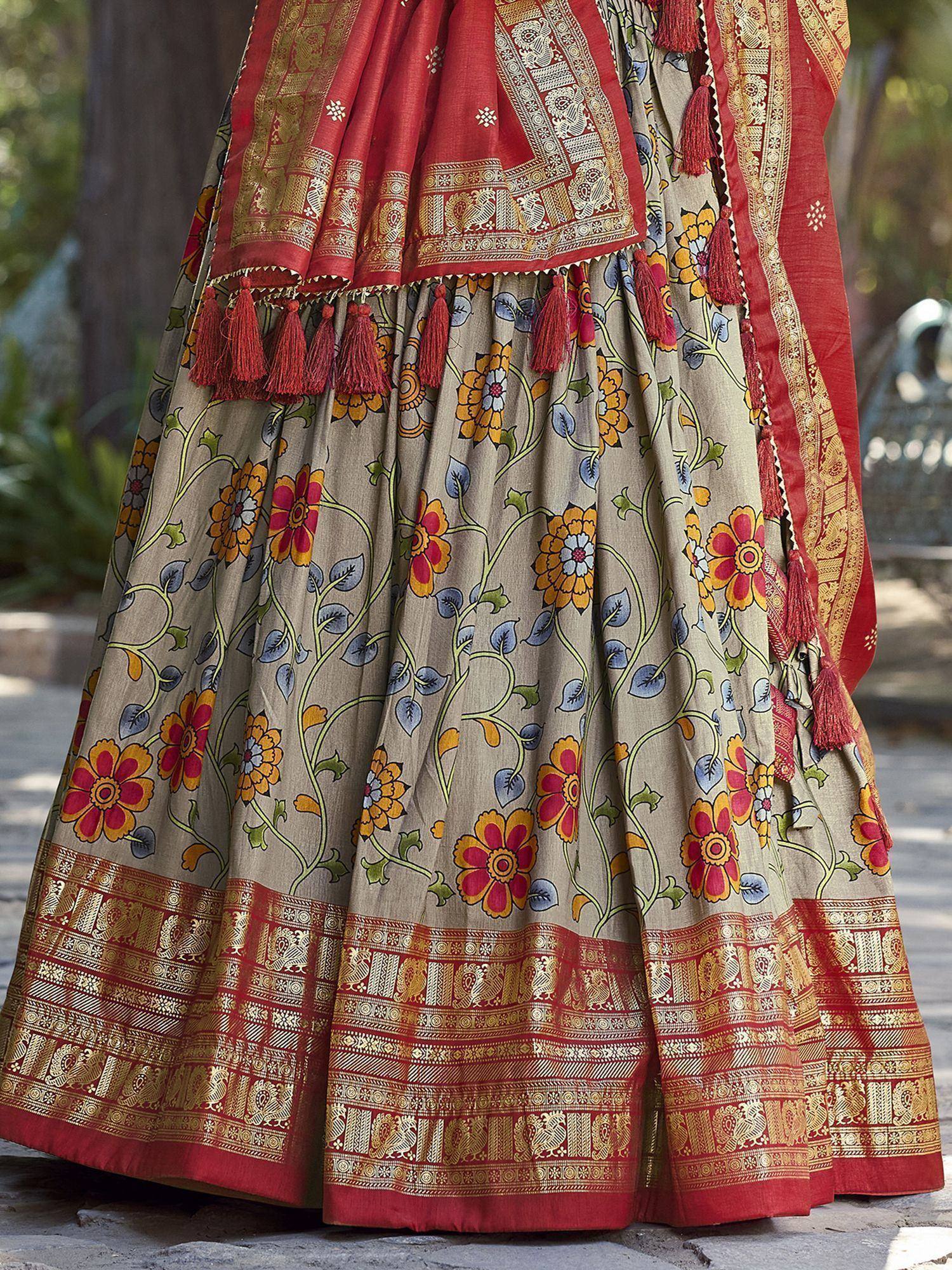 Floral print lehenga with red gold border & tassels, Indian ethnic wear