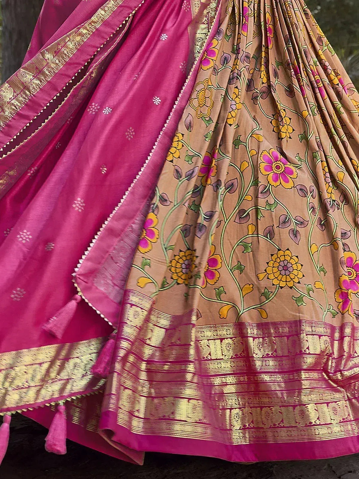 Pink and beige floral printed lehenga with gold border, ethnic Indian wear
