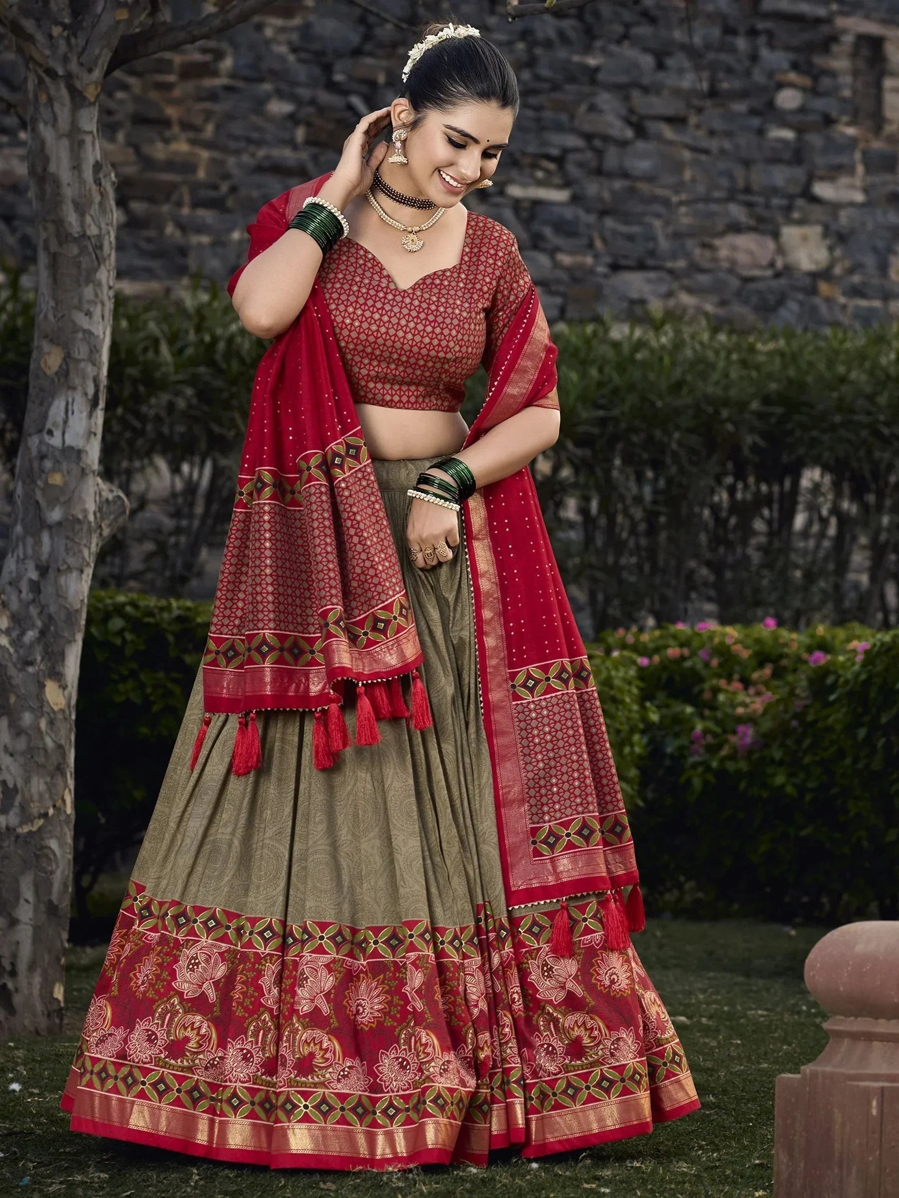 Charming Olive Green Digital Printed Tussar Silk Traditional Lehenga Choli