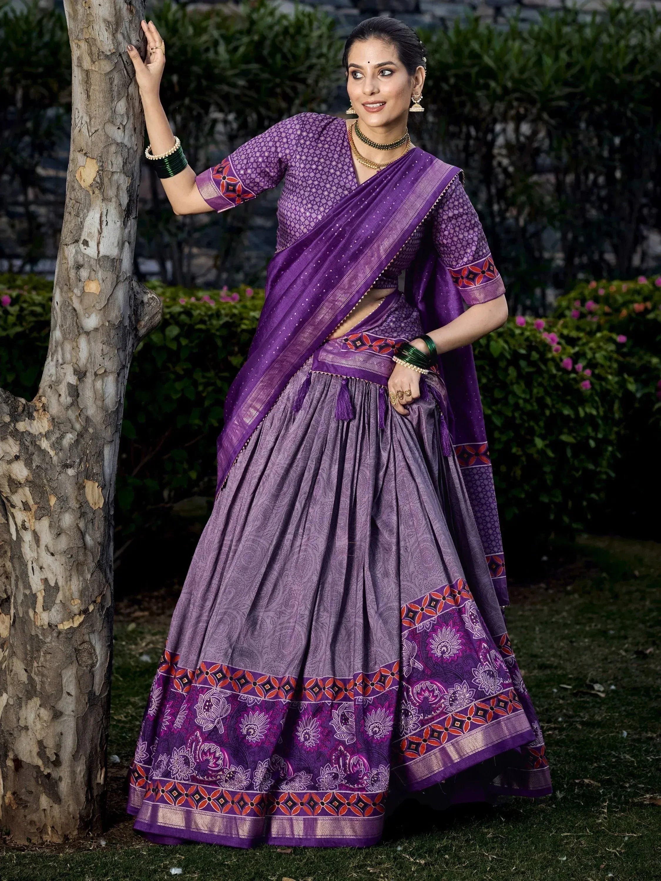 Purple printed lehenga choli with dupatta, ethnic Indian wear for women, floral border design