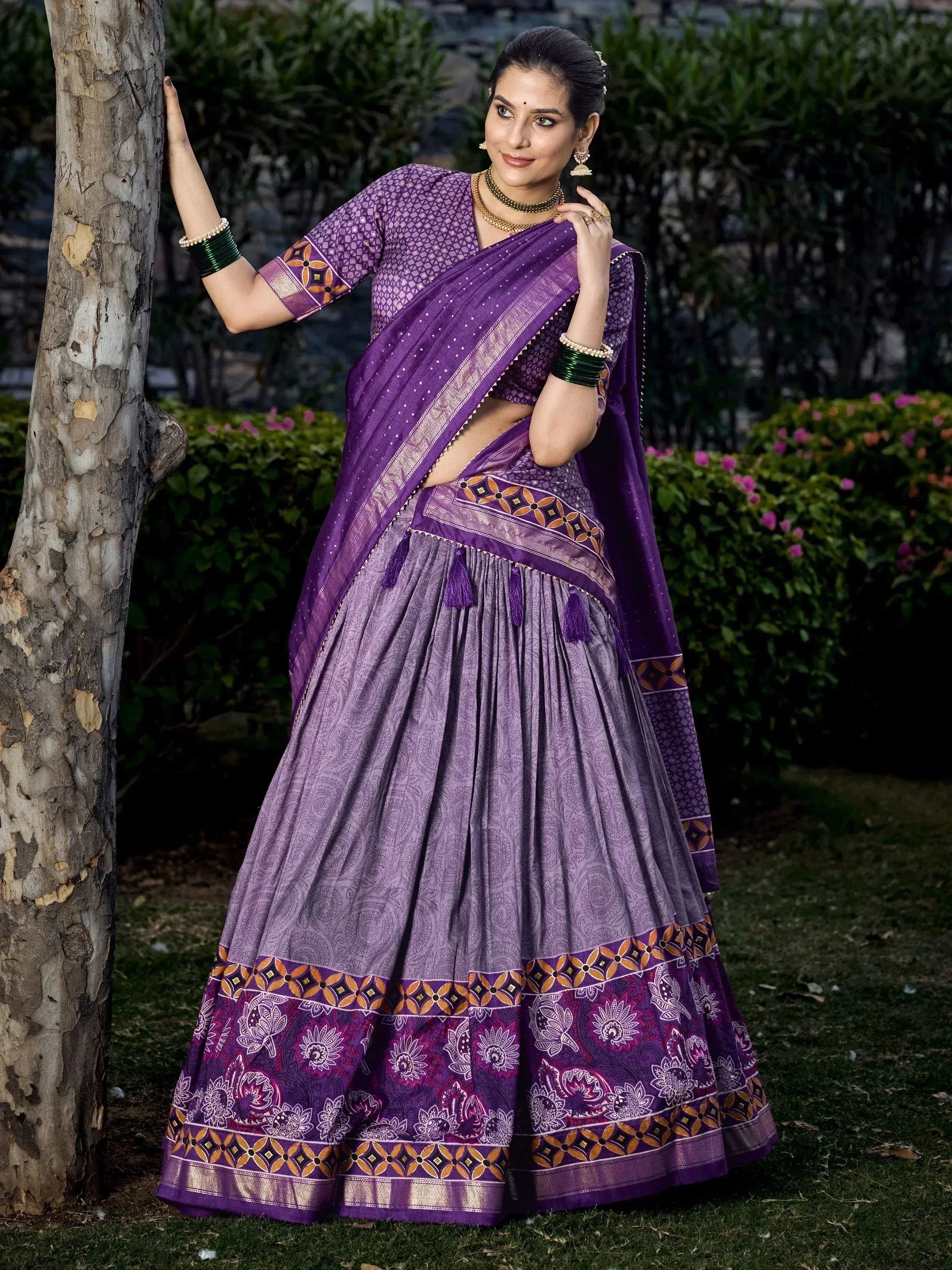 Purple printed lehenga choli with dupatta, ethnic Indian wear for women