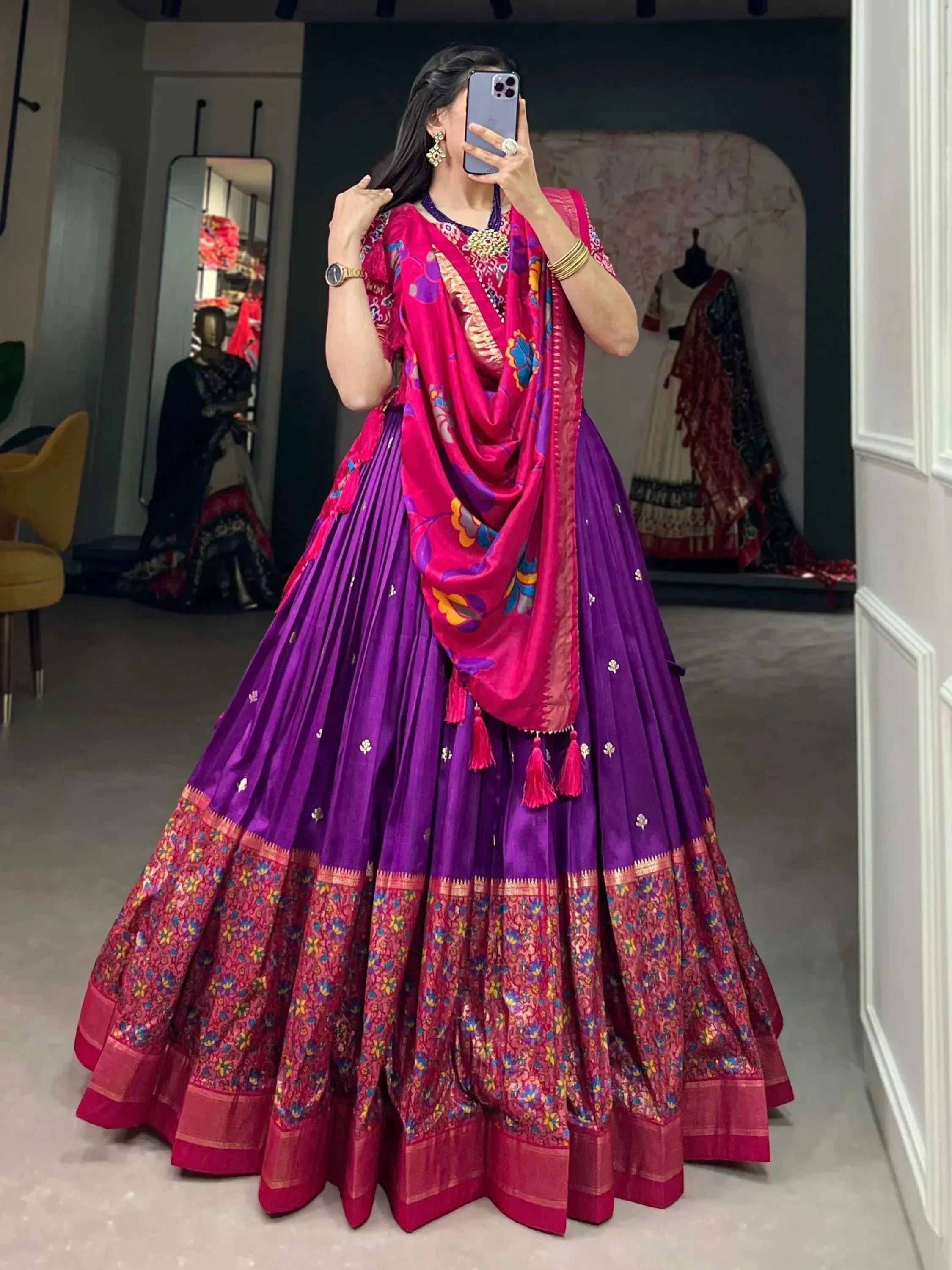 Purple and pink floral lehenga choli with embroidered dupatta, perfect for Indian ethnic wear occasions.