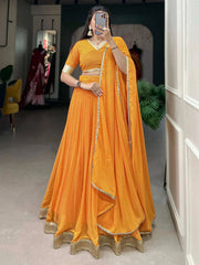 Stunning Yellow Digital Printed Georgette Haldi Wear Lehenga Choli