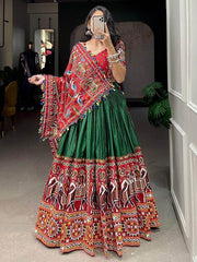 Stylish Green Gamthi-Work Dola Silk Navratri Lehenga Choli