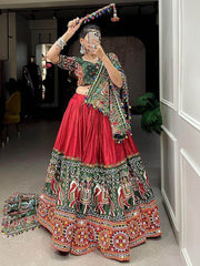 Vibrant Red Gamthi Work Dola Silk Navratri Lehenga Choli