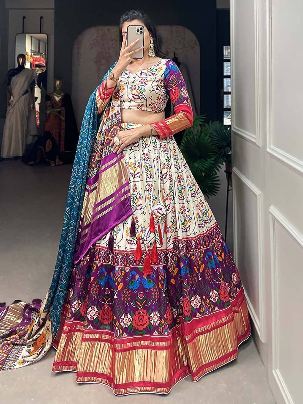 Colorful floral lehenga choli with embroidered dupatta, perfect for Indian ethnic occasions