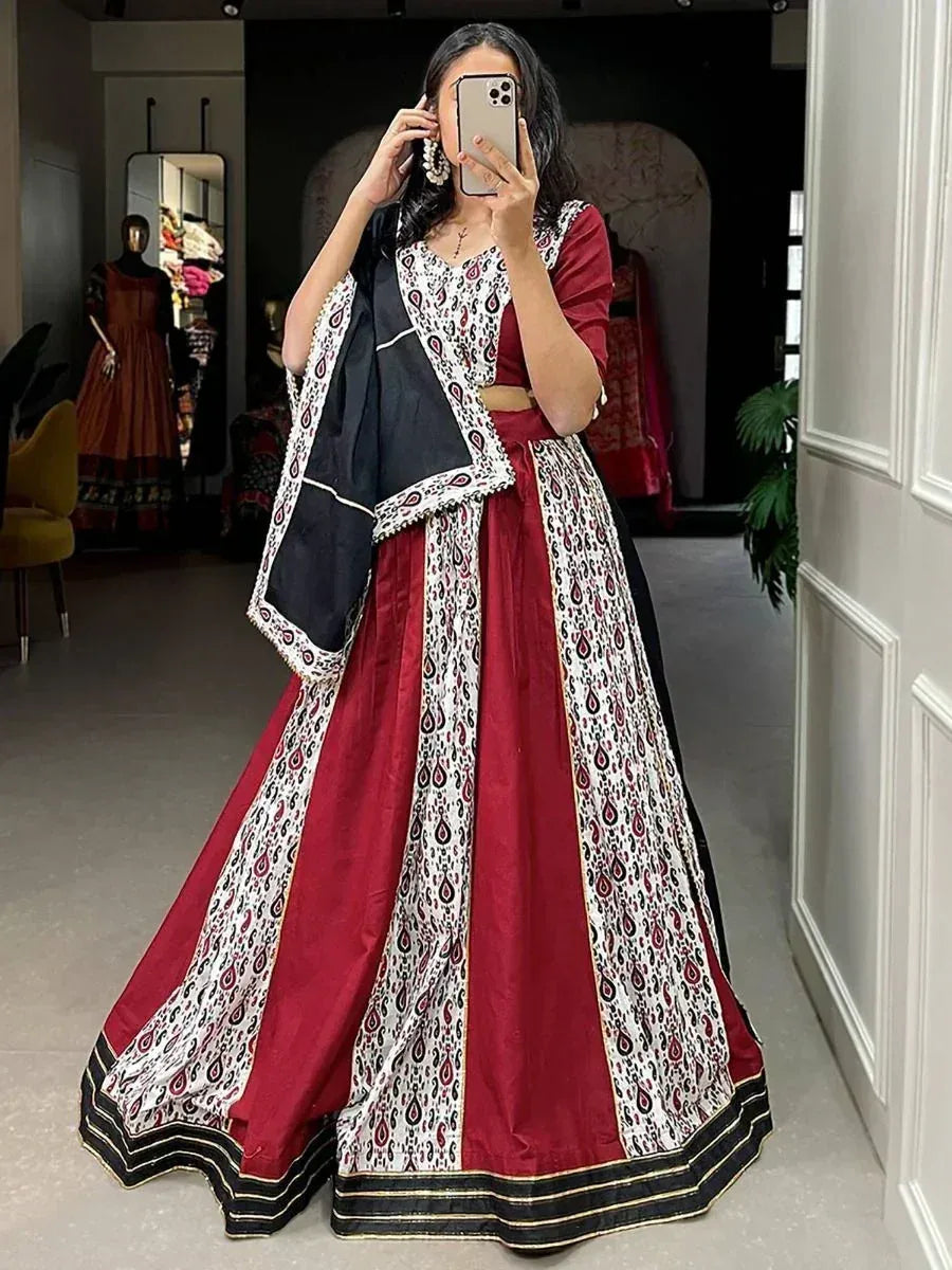 Maroon and white printed lehenga choli with black dupatta, ethnic Indian wear for women