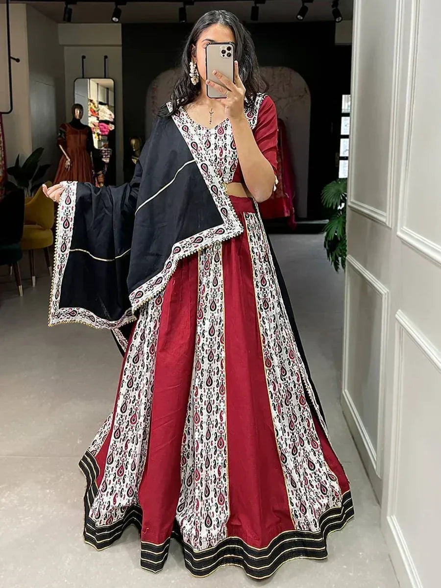 Maroon and black printed lehenga choli with dupatta, ethnic Indian wear for women