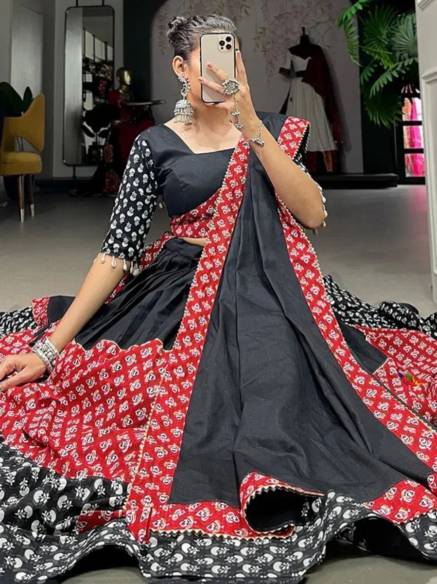 Black and red printed lehenga choli with skull pattern, ethnic wear for women