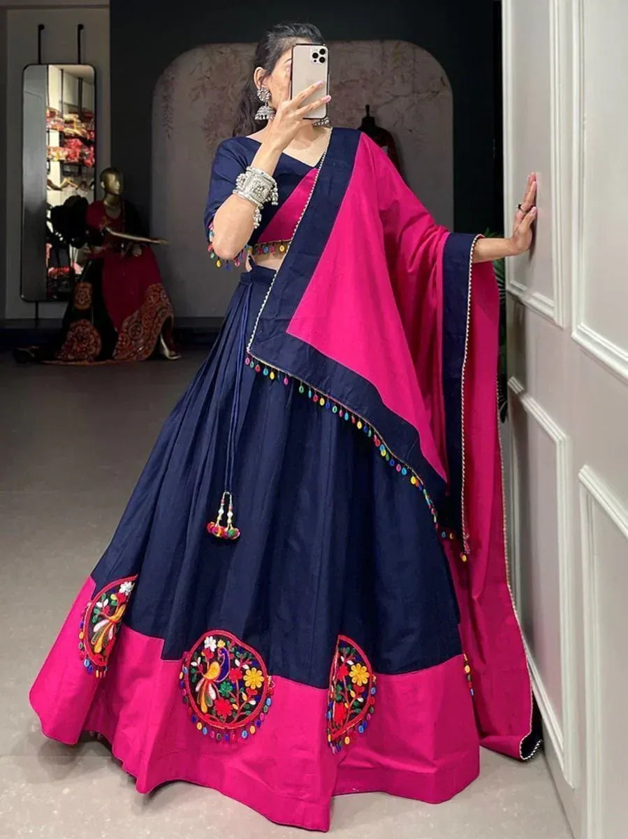 Navy and pink embroidered lehenga choli with mirror work, perfect for Indian ethnic wear occasions
