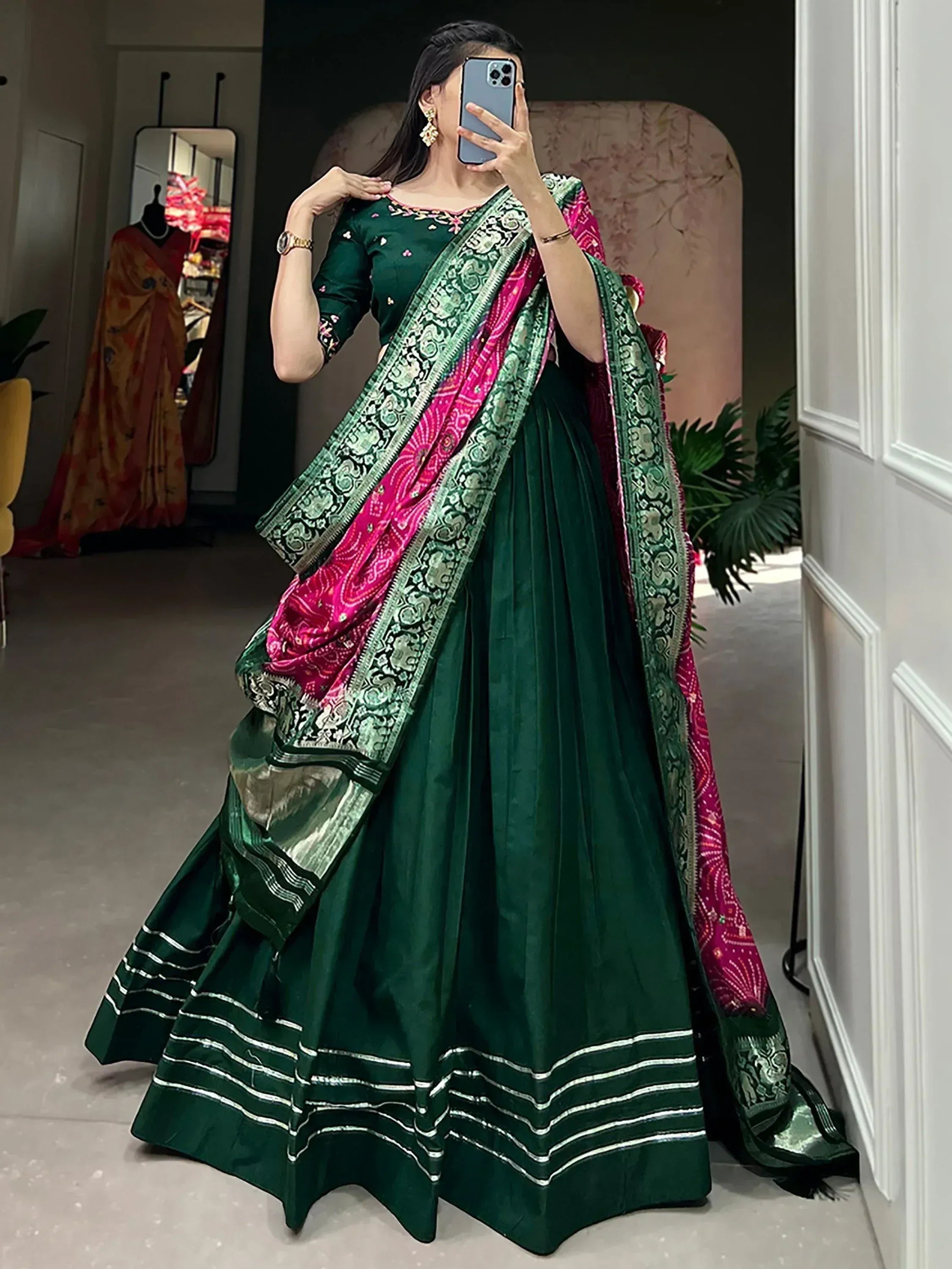 Emerald green lehenga choli with pink dupatta, Indian ethnic wear for women