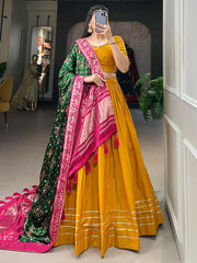 Stunning Mustard Yellow Cotton Plain Lehenga Choli With Dupatta