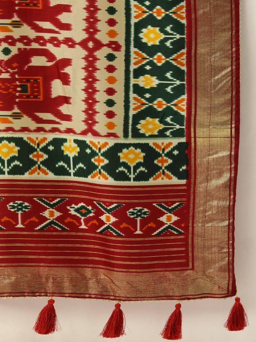Ethnic printed dupatta with elephant motifs, floral patterns, and red tassels for traditional Indian wear