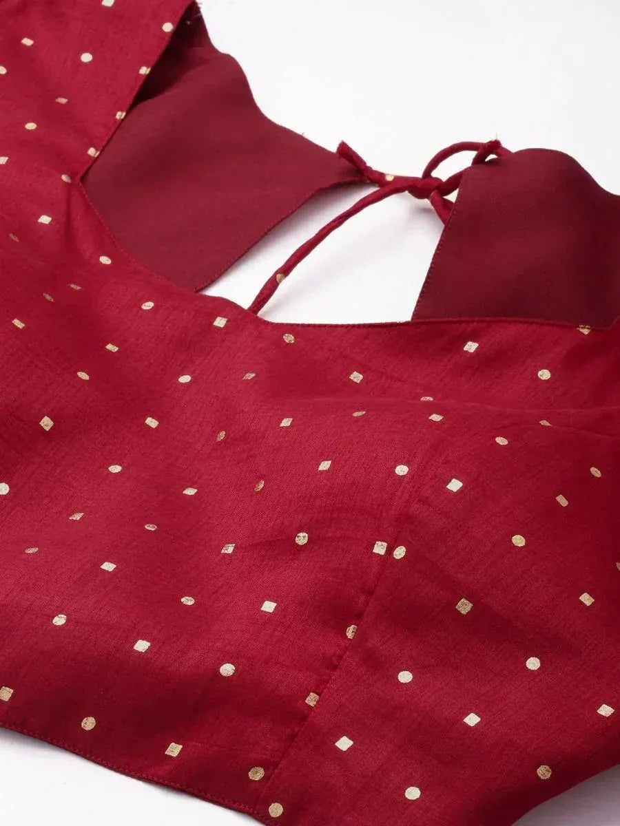 Maroon ethnic blouse with gold dot print and tie-back neckline for saree or lehenga