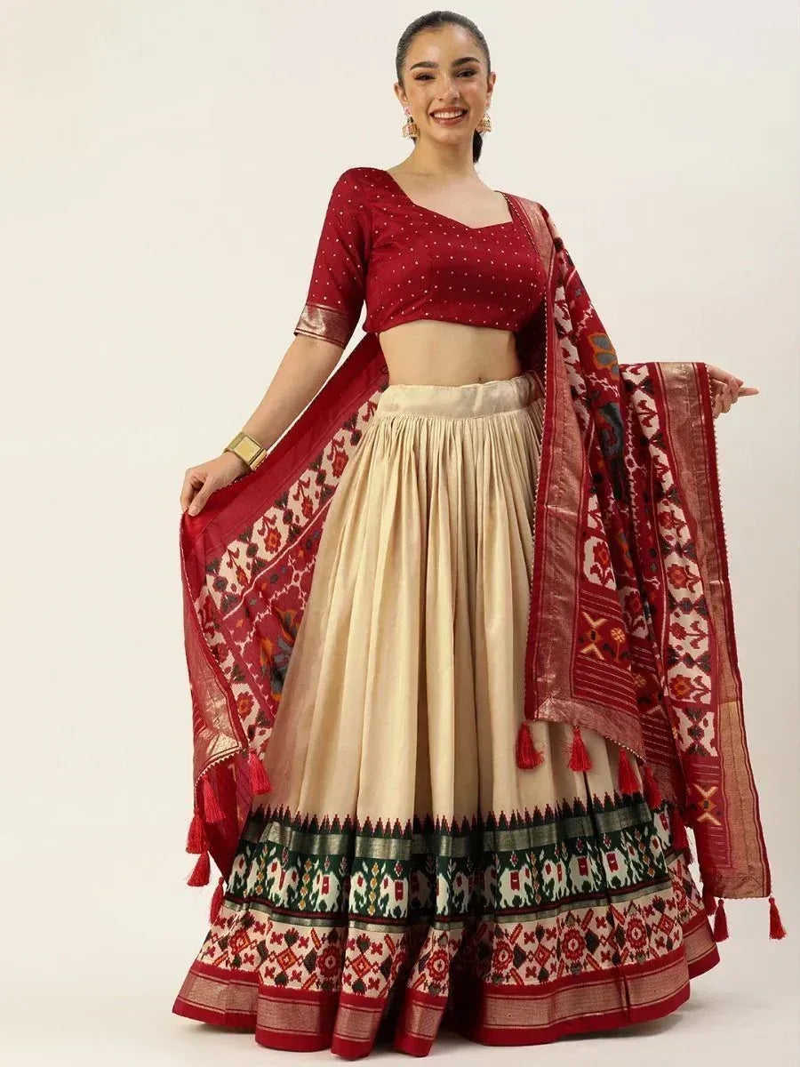 Red and cream ethnic lehenga choli with printed dupatta, perfect for Indian weddings and festive occasions
