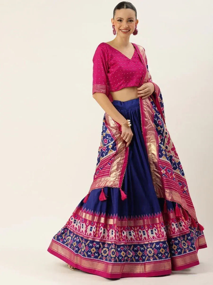 Pink and blue designer lehenga choli with elephant print and tassels, ethnic Indian wear