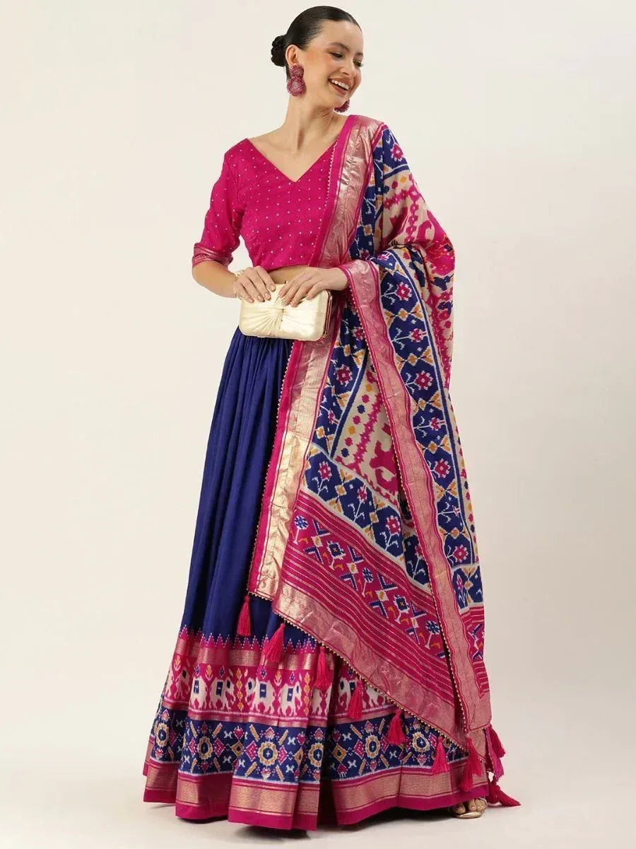 Pink and navy blue designer lehenga choli with ethnic print dupatta, perfect for Indian weddings and festivals