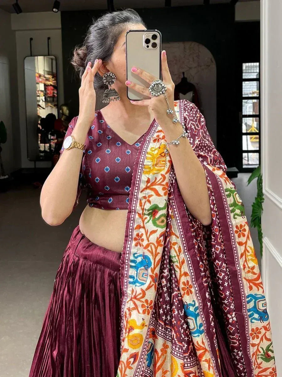 Maroon lehenga choli with colorful printed dupatta, ethnic Indian wear for women