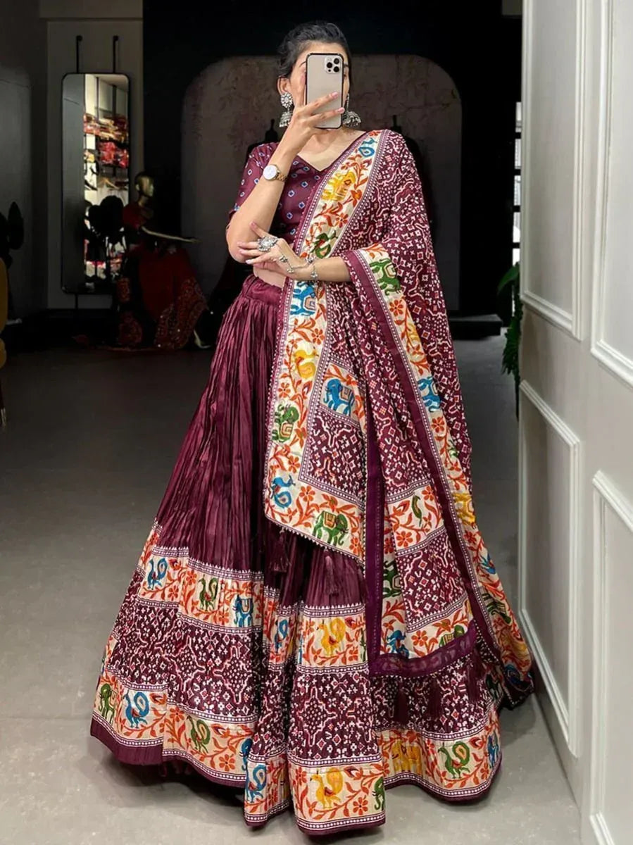 Maroon printed lehenga choli with elephant motifs, ethnic Indian wear for women