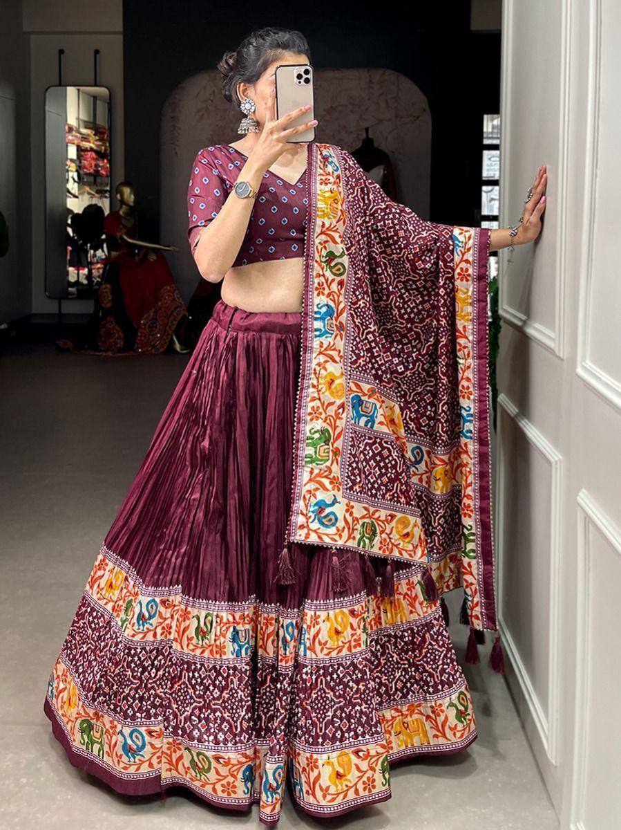 Maroon embroidered lehenga choli with colorful elephant print dupatta, Indian ethnic wear