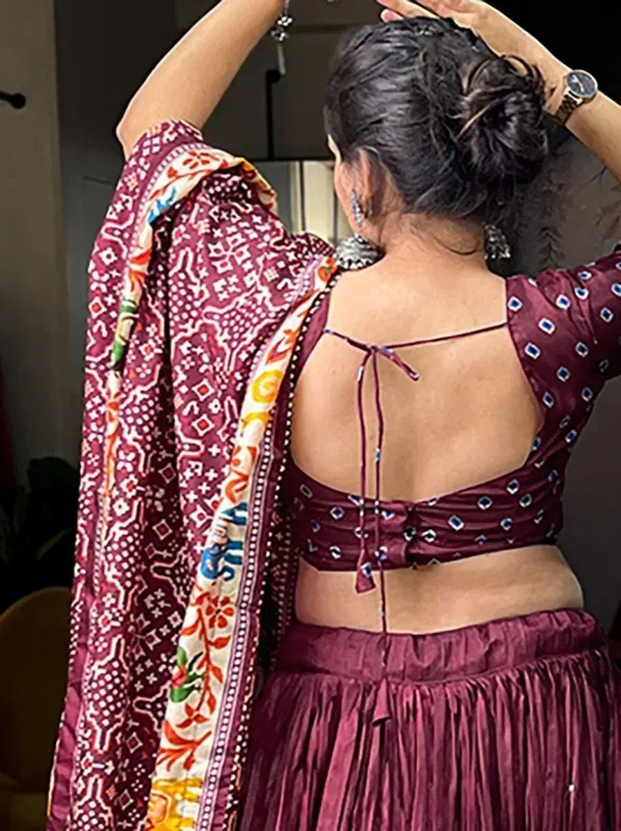 Maroon ethnic lehenga choli with back tie blouse and printed dupatta, perfect for Indian festive wear