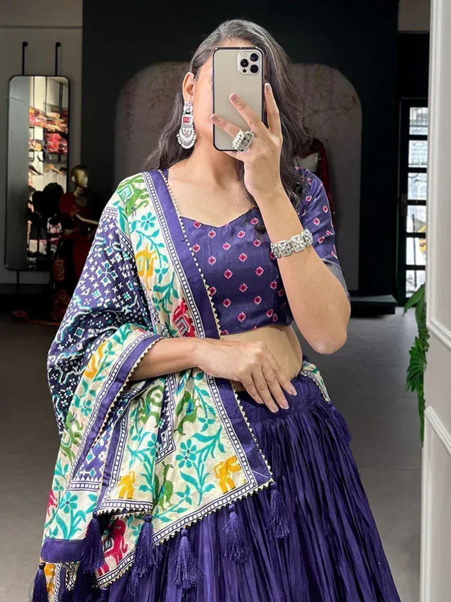 Purple printed lehenga choli with colorful floral dupatta, ethnic Indian wear for women