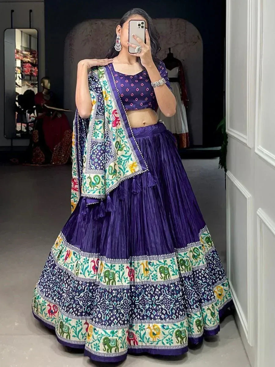 Purple printed lehenga choli with elephant motifs, perfect for Indian ethnic wear occasions