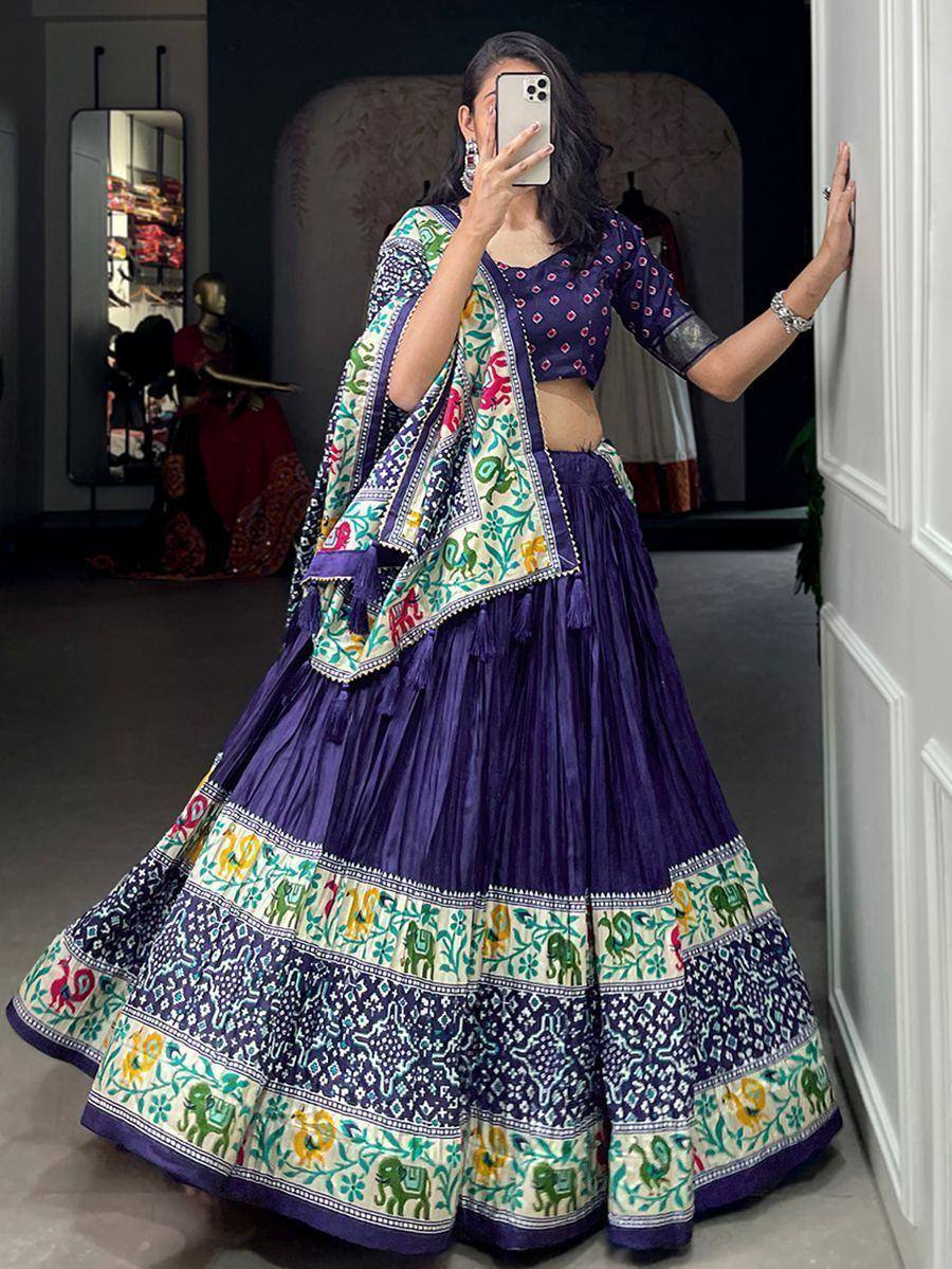 Purple lehenga choli with elephant print and floral dupatta, Indian ethnic wear