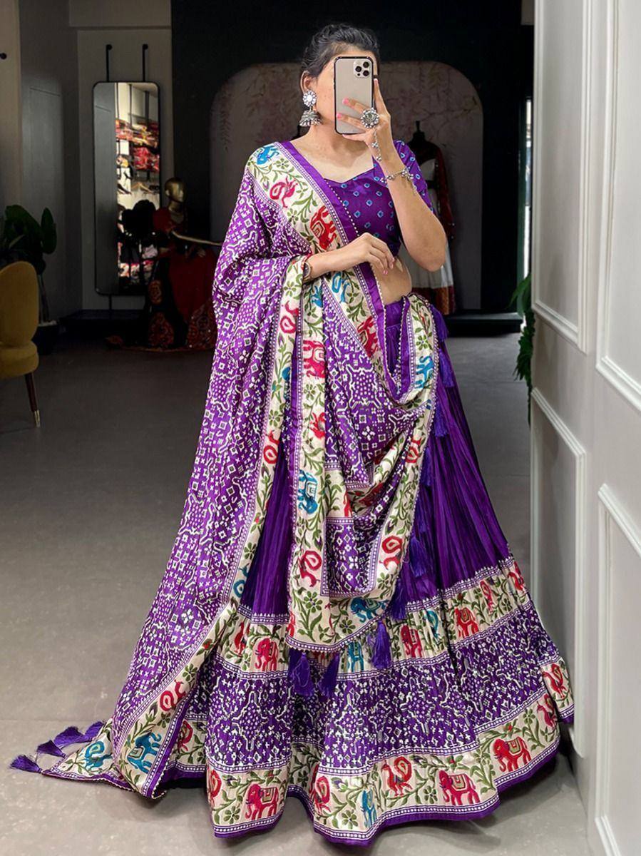 Purple printed lehenga choli with elephant motifs, perfect for Indian ethnic wear occasions
