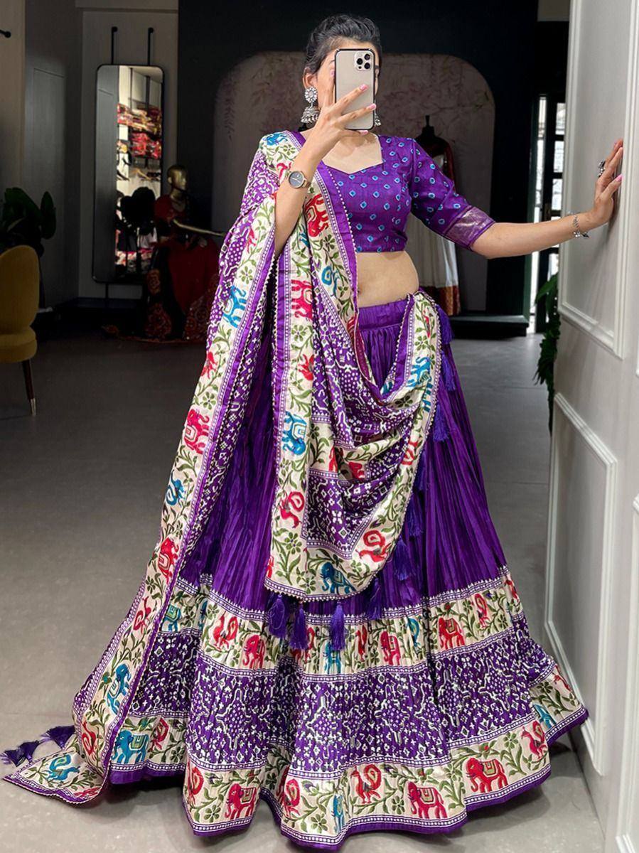 Purple lehenga choli with elephant print dupatta, Indian ethnic wear for women