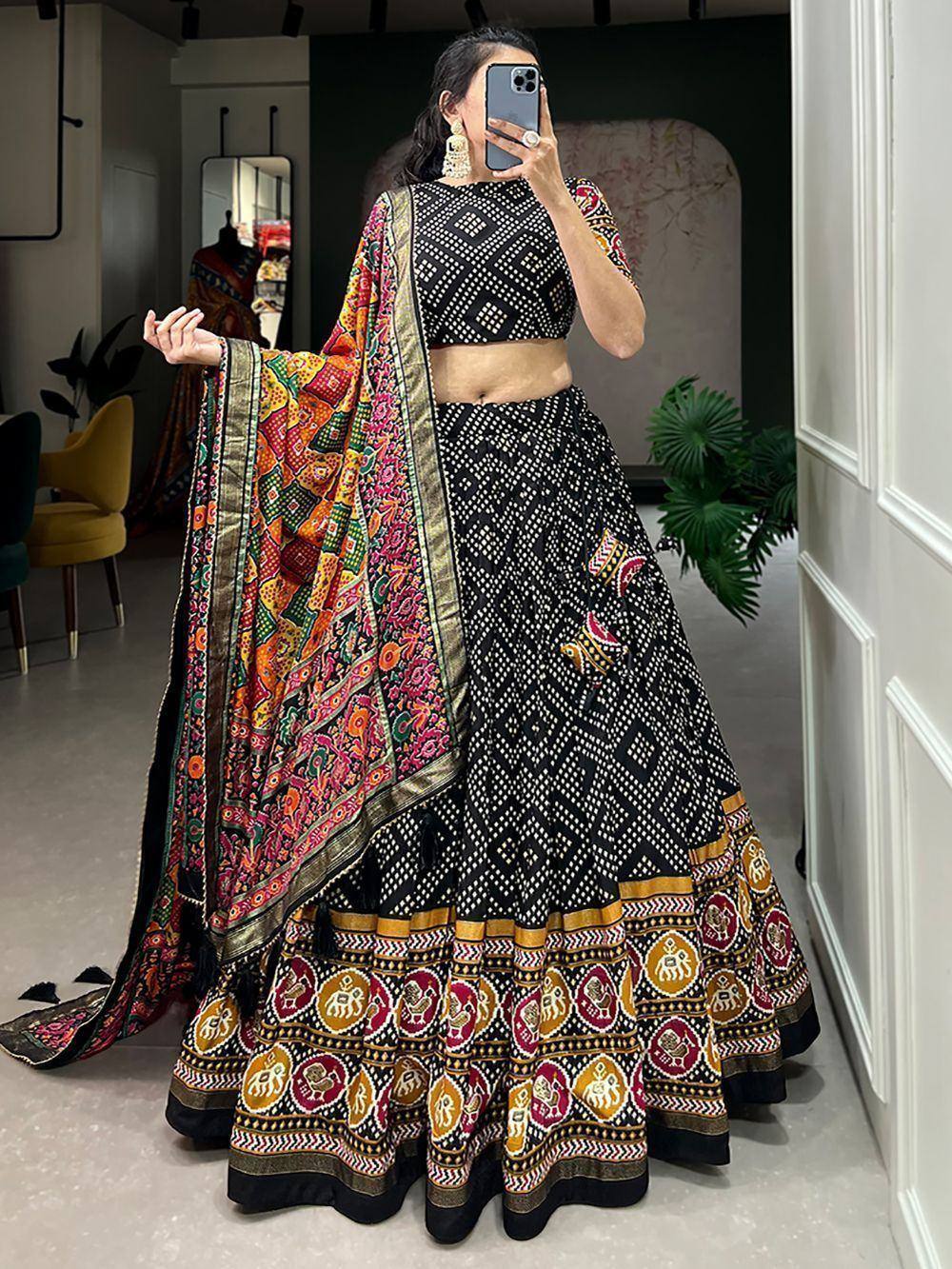 Black printed lehenga choli with colorful dupatta, ethnic Indian wear for women