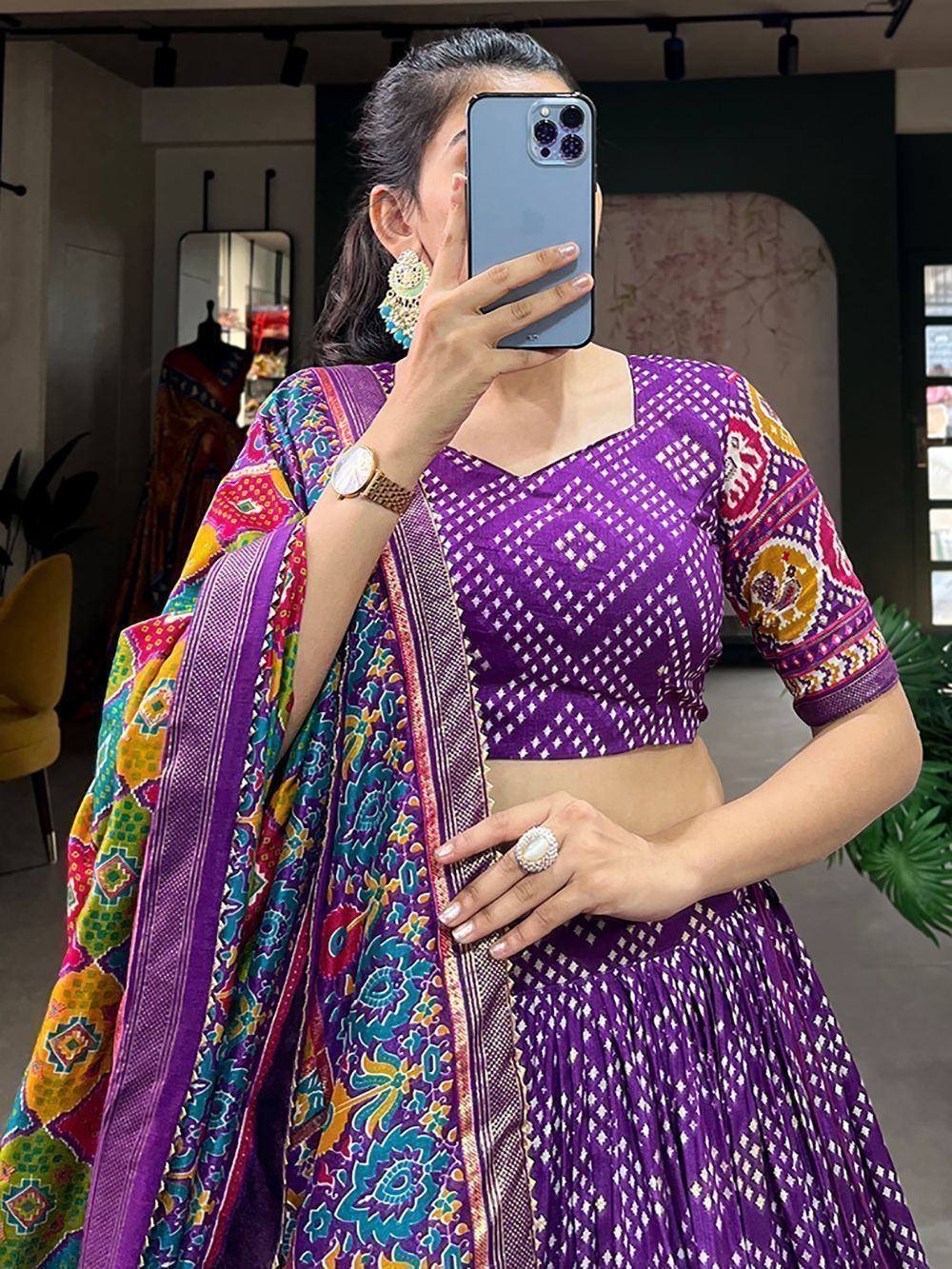 Purple printed lehenga choli with colorful dupatta, ethnic Indian wear for women