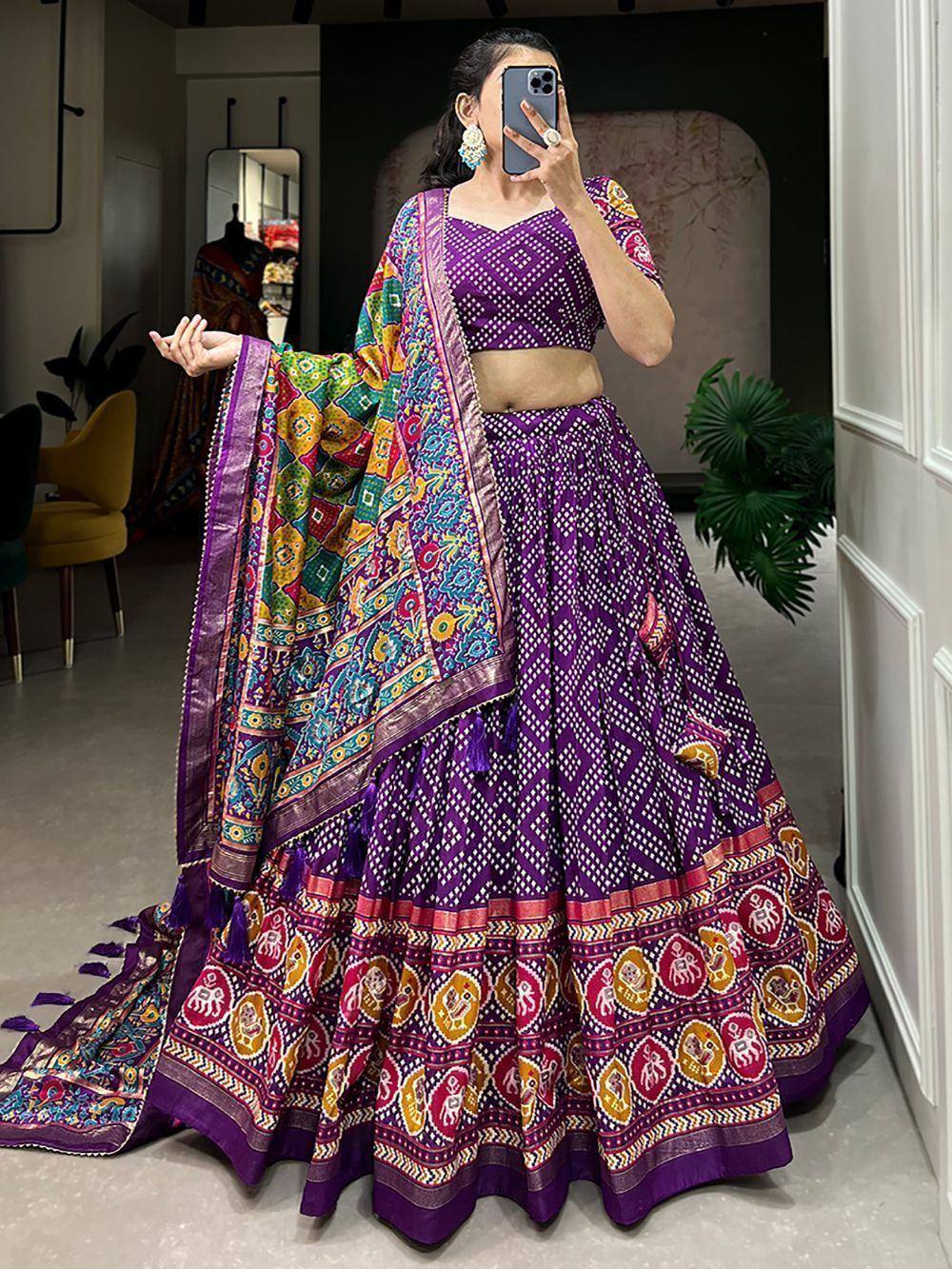 Purple printed lehenga choli with colorful dupatta, ethnic Indian wear for women