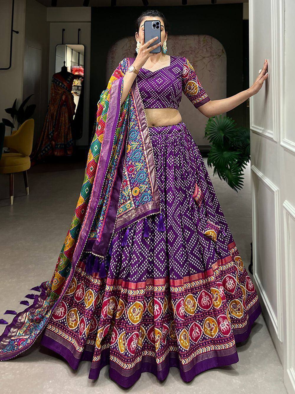 Purple printed lehenga choli with colorful dupatta, ethnic Indian wear for women