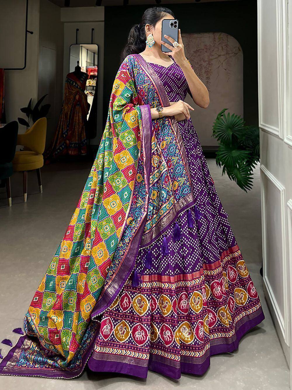 Vibrant purple lehenga choli with colorful block print dupatta, ethnic Indian wear for women