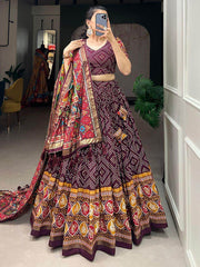 Glamorous Wine Bandhani Printed Tussar Silk Lehenga Choli With Dupatta